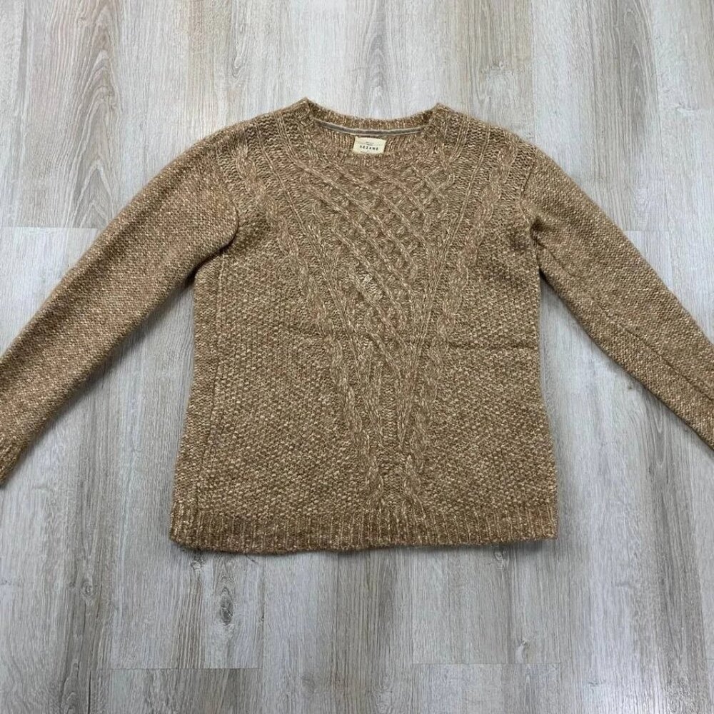Sezane Cable Knit Crewneck Sweater in Camel Brown - Picture 1 of 5